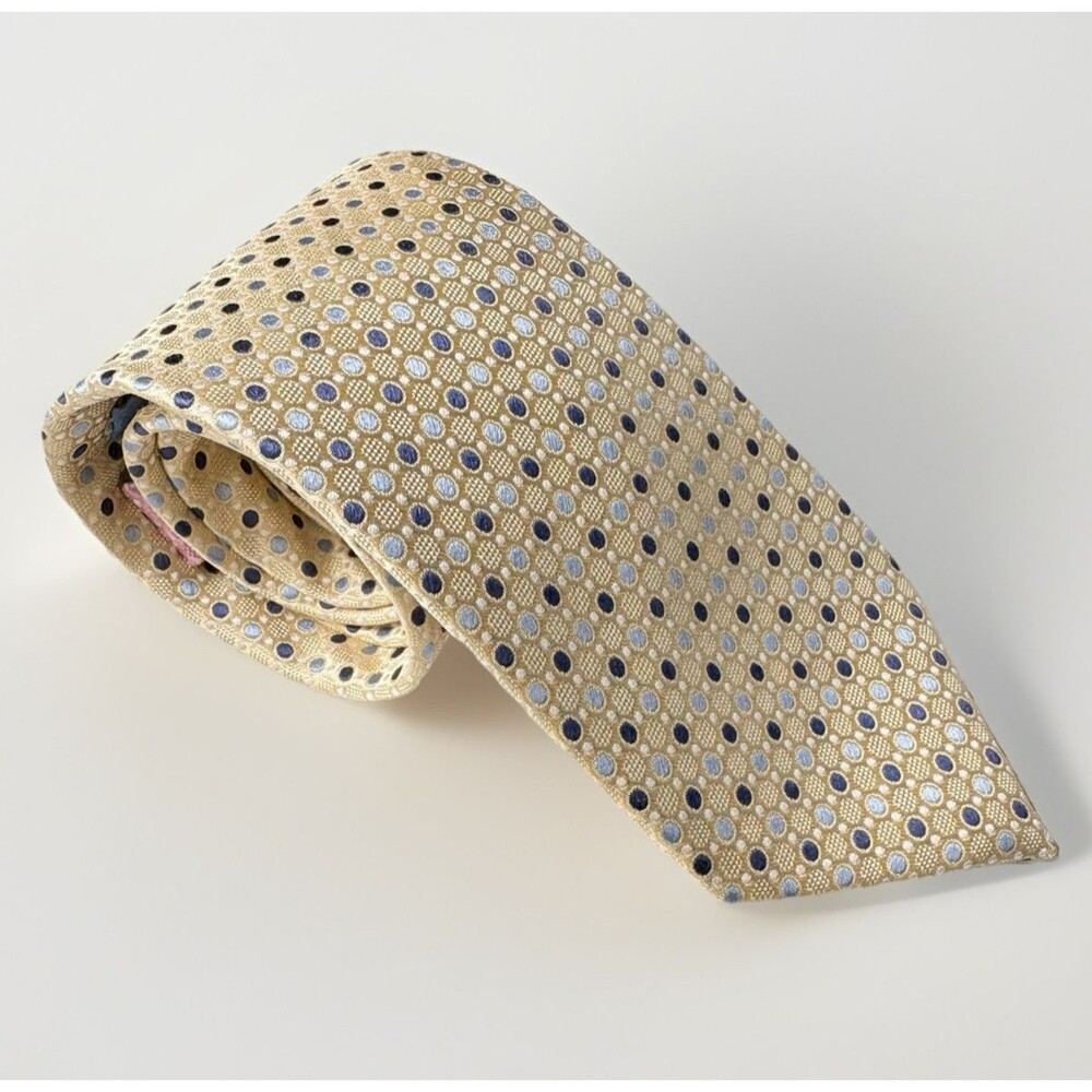 Haines & Bonner of London Yellow Silk Tie Blue and Navy Geometric Dots Handmade
